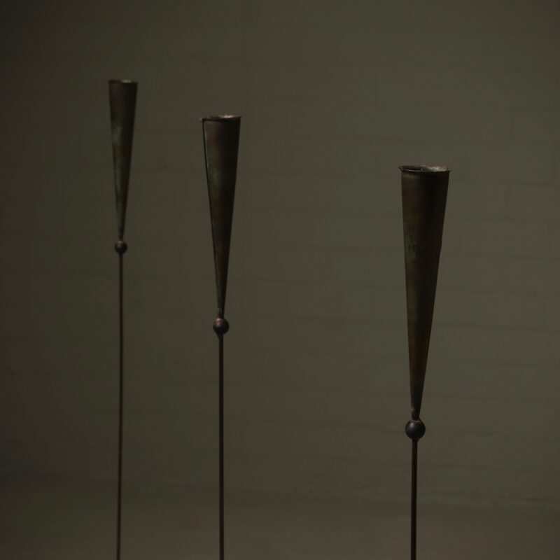 Expressive set of 3 large free standing copper candle holders. Handcrafted in the 1980s by Dutch artist Pieter Spruyt.